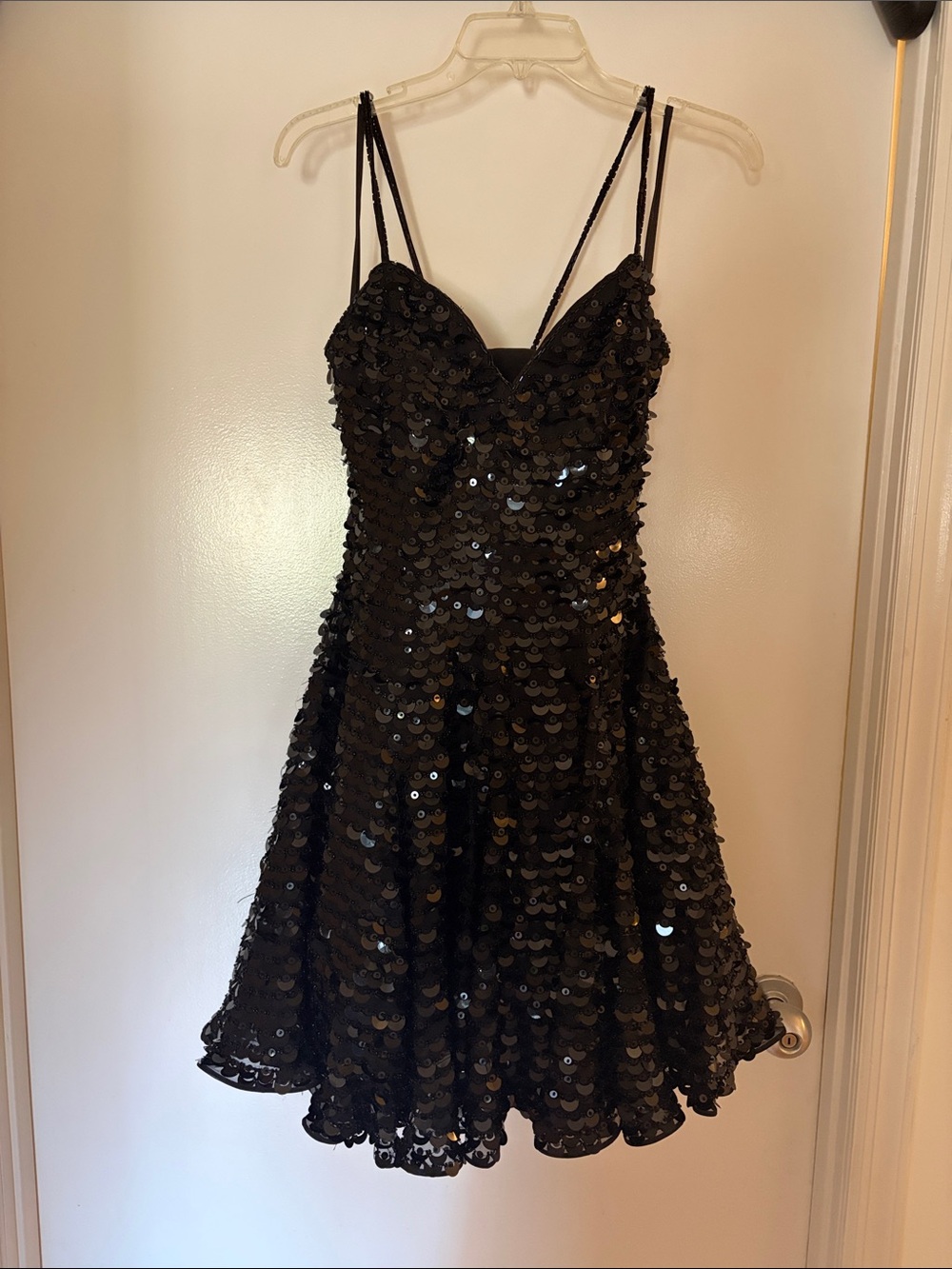 Vintage Black Sequin Party Dress with Double Spaghetti Straps